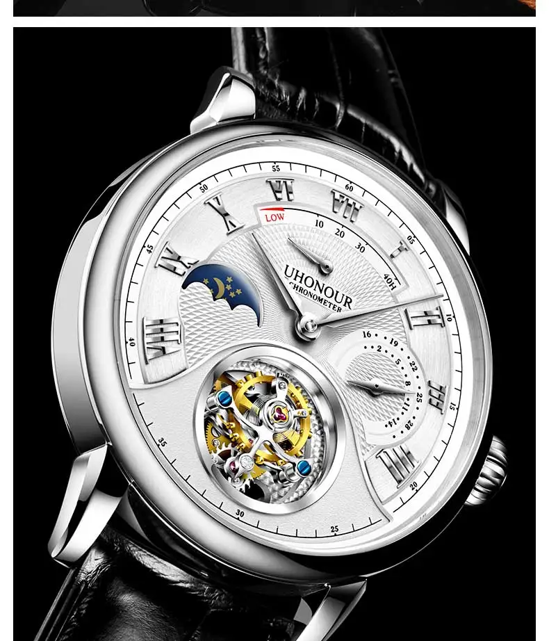 UHONOUR Топ бренд для мужчин s Tourbillon механические часы Роскошные крокодиловая кожа ST8007 движение для мужчин t сапфир для мужчин часы Moon phase 5ATM