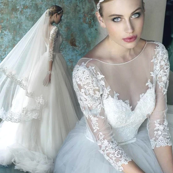 

free shipping sexy long sleeves romantic 2015 casamento appliques vestido de noiva renda lace Bridal Gown vintage wedding dress