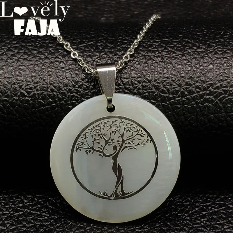 

2019 Fashion Shell Stainless Steel Chain Necklace for Women Silver Color Tree of Life Necklaces Jewelry collana donna N1884