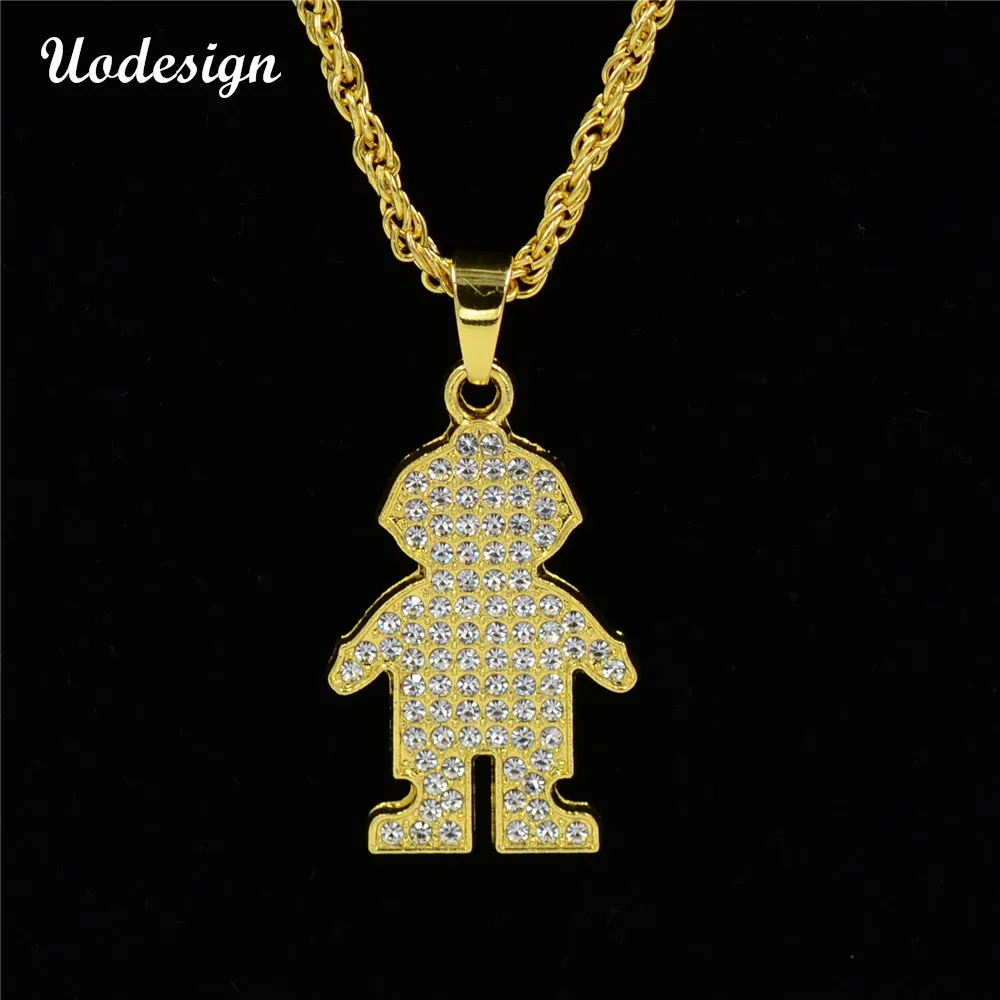 Uodesign Iced Out Bling Full Rhinestone Cute boy Pendants Necklaces Gold Color Sports Necklace