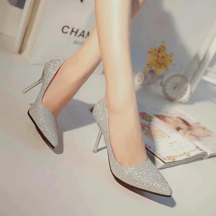 

2018 summer new Korean version of the wild silver matte sequins pointed shallow mouth high heels with stiletto single shoes wome