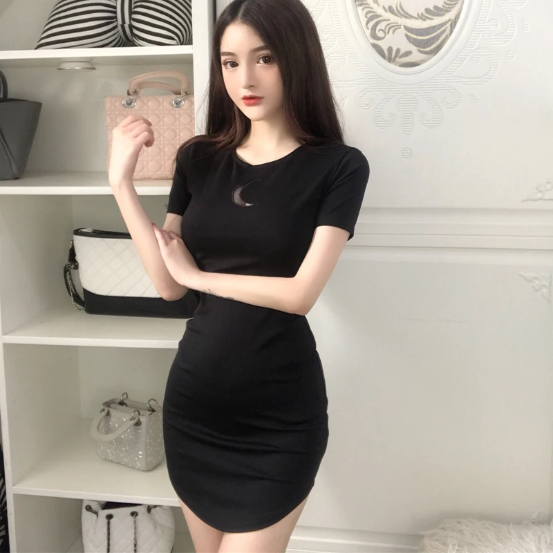 

Summer Dresses Women Chic Chest Moon Hollow Out Design Round Neck Short Sleeve Sexy Mini Dress for Gothic Girls