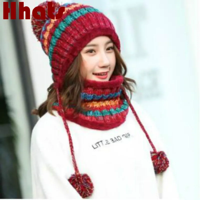 

Winter Women's Hat Bib Set Knitted Warm Beanies With Three Pompom Ball Female Balaclava Multi Functional Hat Scarf Set