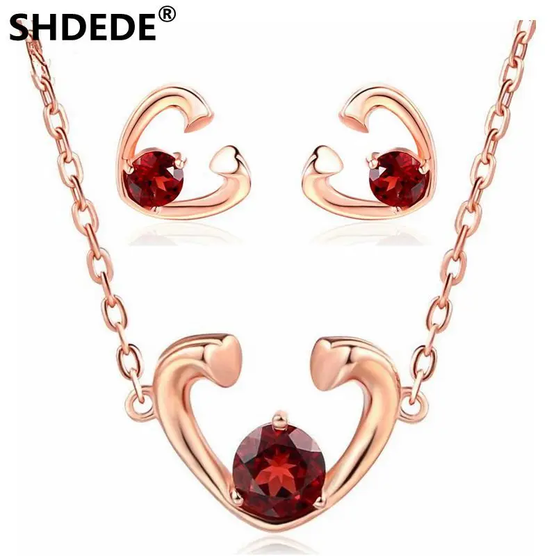 

SHDEDE 925 pure silver fashion heart-shaped Necklace Pendant Earrings inlaid with natural Red garnet boutique jewellery sets