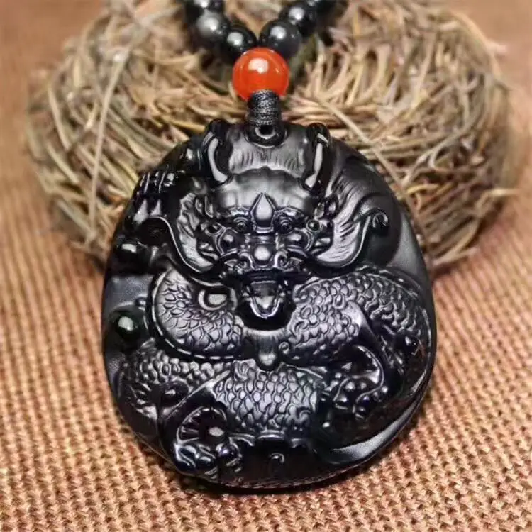 

Natural Black Obsidian Carved Dragon Lucky Amulet Pendants + rope Necklace