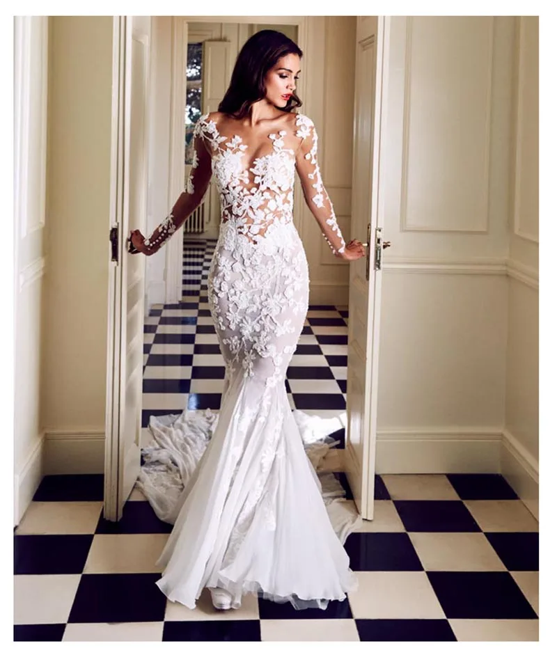 

SOFUGE Mermaid Wedding Dress with Long Sleeves Appliques See Through White Ivory Sexy Sweep Train Bridal Dresses Wedding Gown