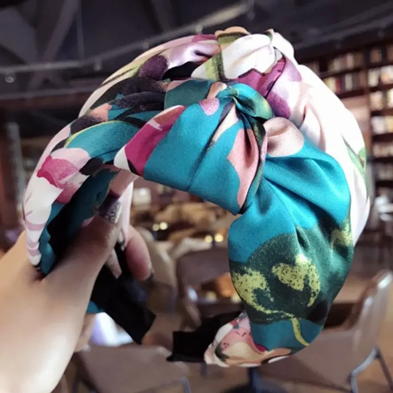 

New Fashion 6cm Wide Knot Hair Hoop Flower Print Hairband Headband Middle Knotted Hair Accessories For Women Girls Headdress