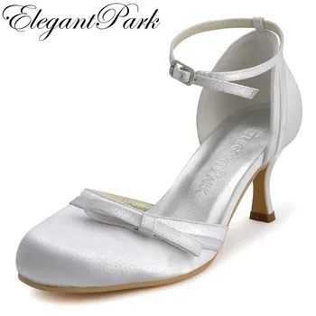 

Ladies Shoes R001 Ivory White Round Toe Buckle Bow Med Heels Shoes Satin Women Bridal Wedding Pumps Evening Shoes Woman Shoes