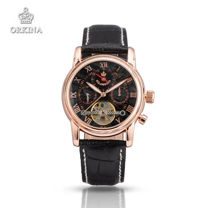 ORKINA Mechanical Watch Men Automatic Self wind Wristwatches Leather Luxury Brand Business Watches for Men Black