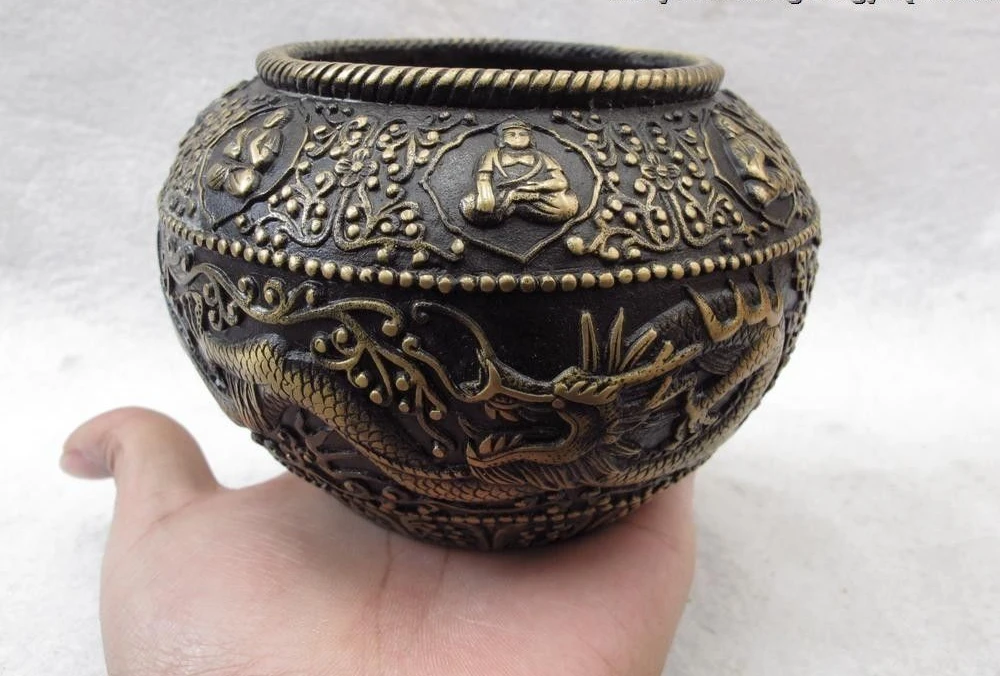

Chinese Folk Classic Bronze Copper Buddhism temple Dragon bowl Crock Pot Censer