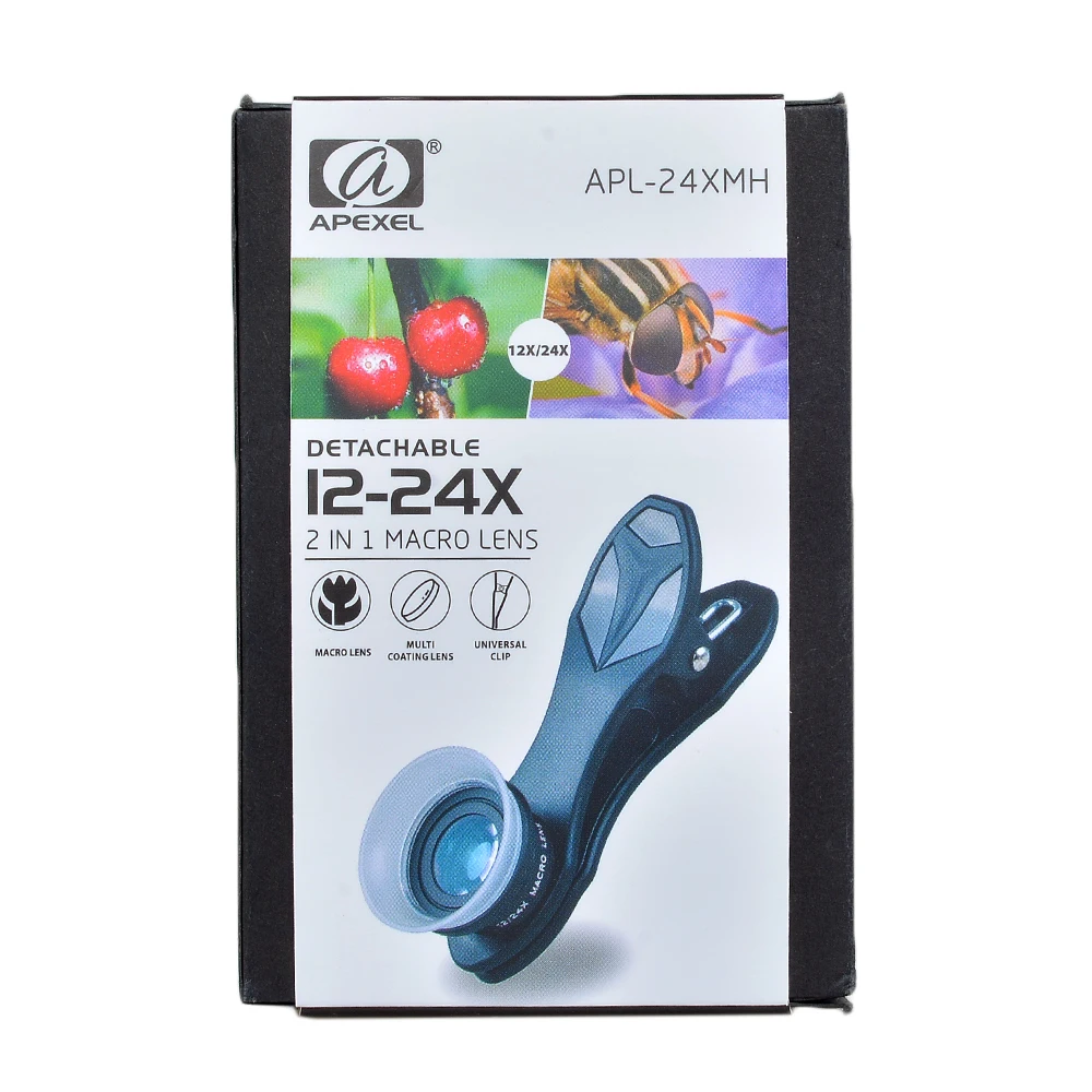 APEXEL 10PCS/lot 2 In 1 Clip-On 12 X Macro + 24 X