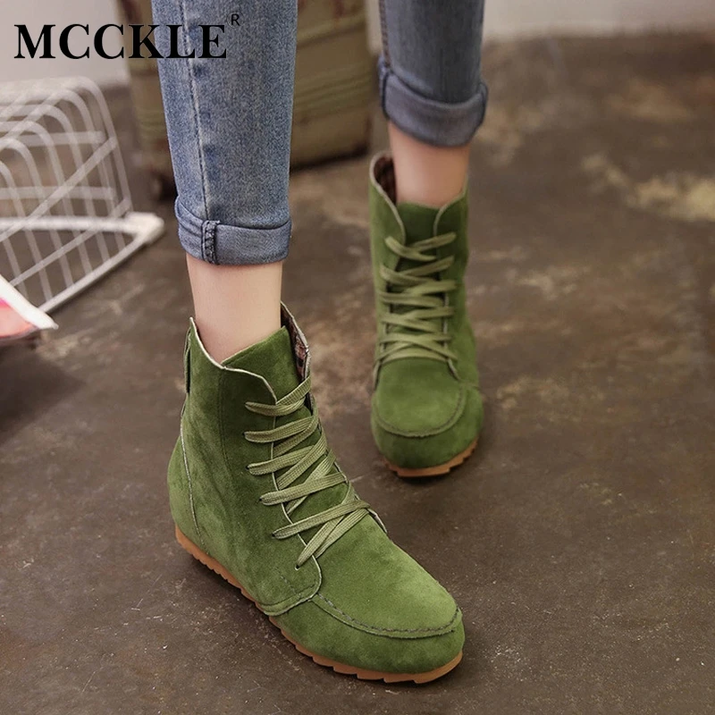 

MCCKLE Plus Size Women Casual Flat platform Ankle Boots Female Suede Lace Up Autumn Shoes Ladies Leisure Comfortable Footwear