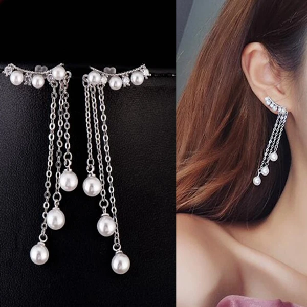 

New Fashion Jewelry Hot Sale Crystal Decorated Long Statement Silver Metal Chain Tassel Simulated Pearl Drop Earrings for Women