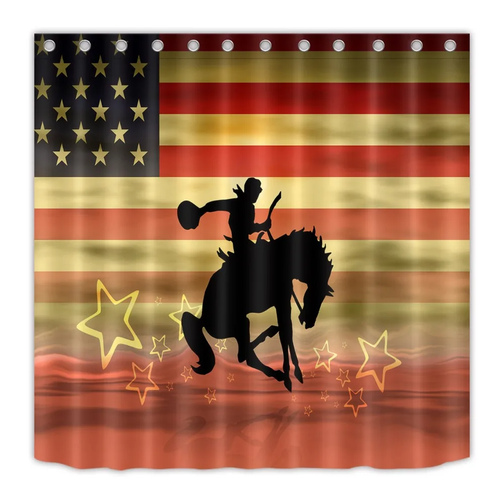 

72'' Bathroom Waterproof Fabric Shower Curtain Polyester 12 Hooks Bath Accessory Sets Cowboy Riding His Horse On American Flag