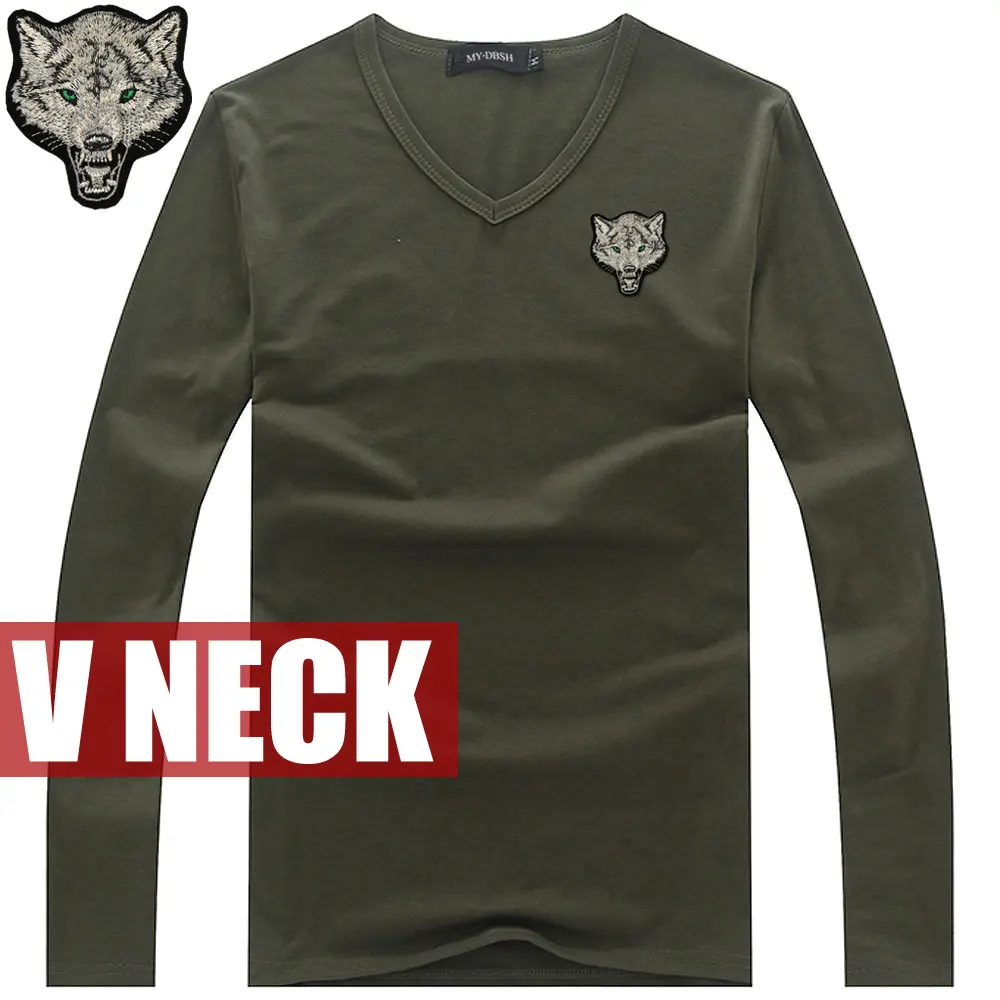 Брендовая мужская футболка с вышивкой волка, хлопковая футболка с длинным рукавом, весна-осень, повседневная мужская Тонкая футболка с круглым вырезом, размер S-5XL - Цвет: V neck Army