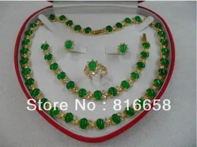 

Free shipping@@18K GP green jade necklace bracelet earring ring set + box