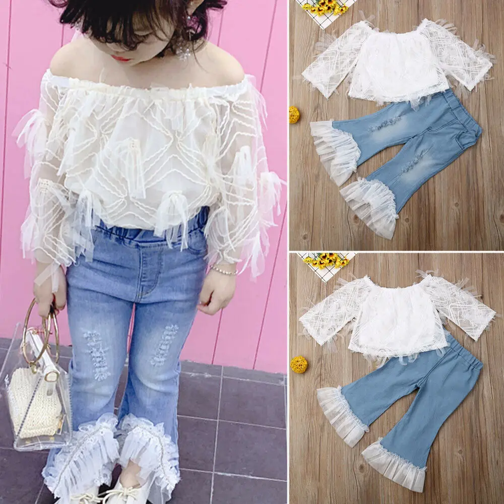  Toddler Kid Baby Girl Clothes 2019 New White Off-shoulder Lace T Shirt Tops Jeans Pants Outfits Set