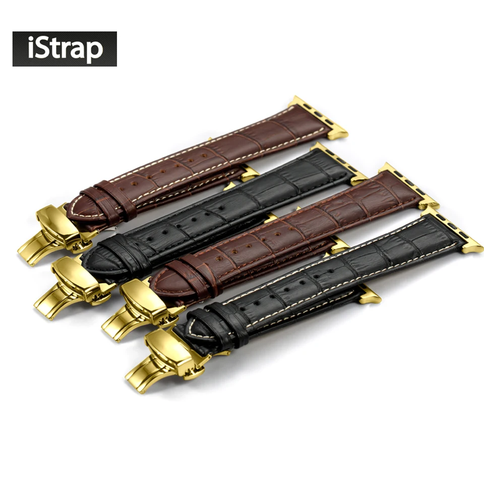 iStrap 38mm 42mm Genuine Calf Leather Watch Strap with Deployment Gold Buckle For Apple Watch