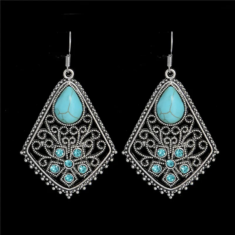 

SHUANGR 1pair Jewelry Ethnic Vintage Tibetan Silver Stone Royal Unique Dangle Earrings