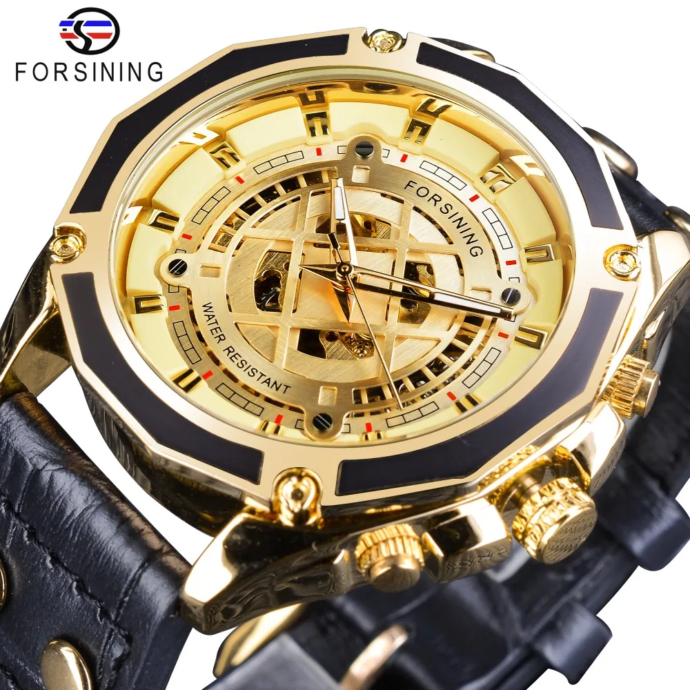 

Forsining Half Skeleton Golden 2019 New Design Unique Dial Black Military Genuine Leather Mens Automatic Watch Top Brand Luxury