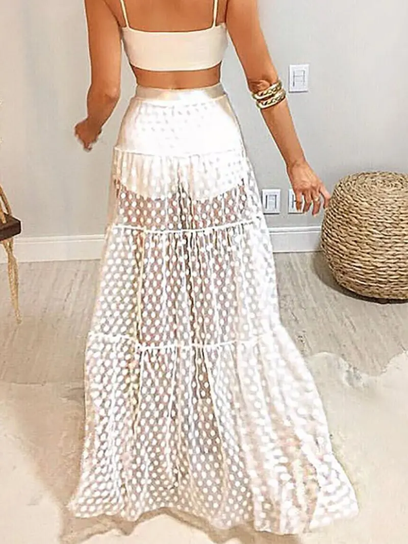 Летняя женская прозрачная длинная юбка макси в горошек пляжное платье Сарафан США - Цвет: Белый