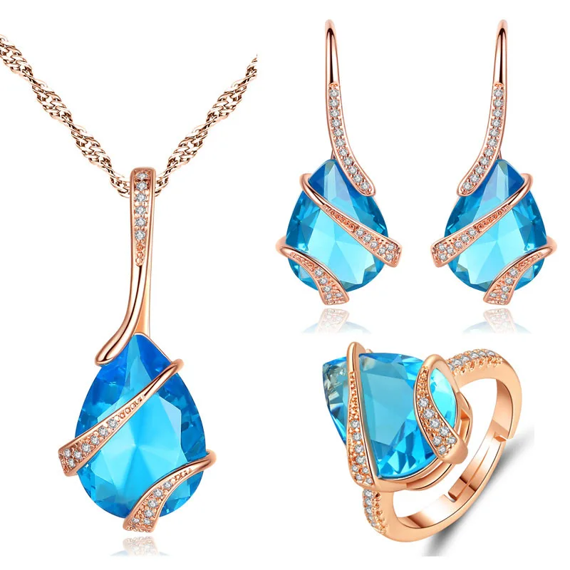 

MOONROCY Rose Gold / Silver Color Blue Necklace Earrings Rings Jewlery Set Crystal Chokers for Women Wholesale Dropshipping Gift
