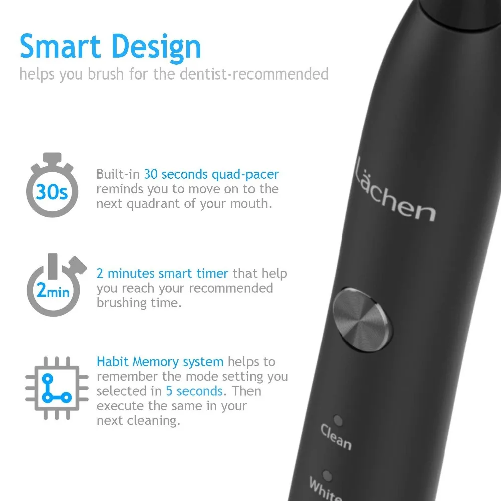 Lachen RM-T5B Electric Toothbrush Sonic Toothbrush with 4 brush heads and timer 3 modes USB charging 60 days battery life IPX7 Lachen RM-T5B Electric Toothbrush Sonic Toothbrush with 4 brush heads and timer 3 modes USB charging 60 days battery life IPX7
