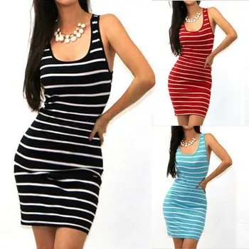 

Women Sleeveless Striped Sexy Party Sleeveless Brief Mini Dress Fashion Women Ladies Clothing Dress Bandage Bodycon