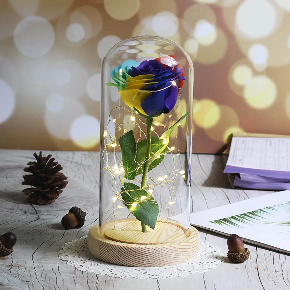 LED Soap Flower Rose Flower In Glass Dome Christmas Gifts Artificial Flower Valentine's Day Wedding Party Home Decor Fake Flower - Цвет: 04