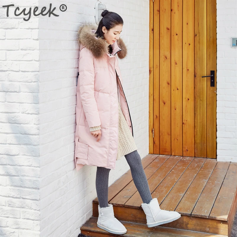 

Tcyeek Winter 90% White Duck Down Jacket Women Down Coat Female Real Fur Hooded Parka Long Thick Warm Pink Snow Outwear LWL1166