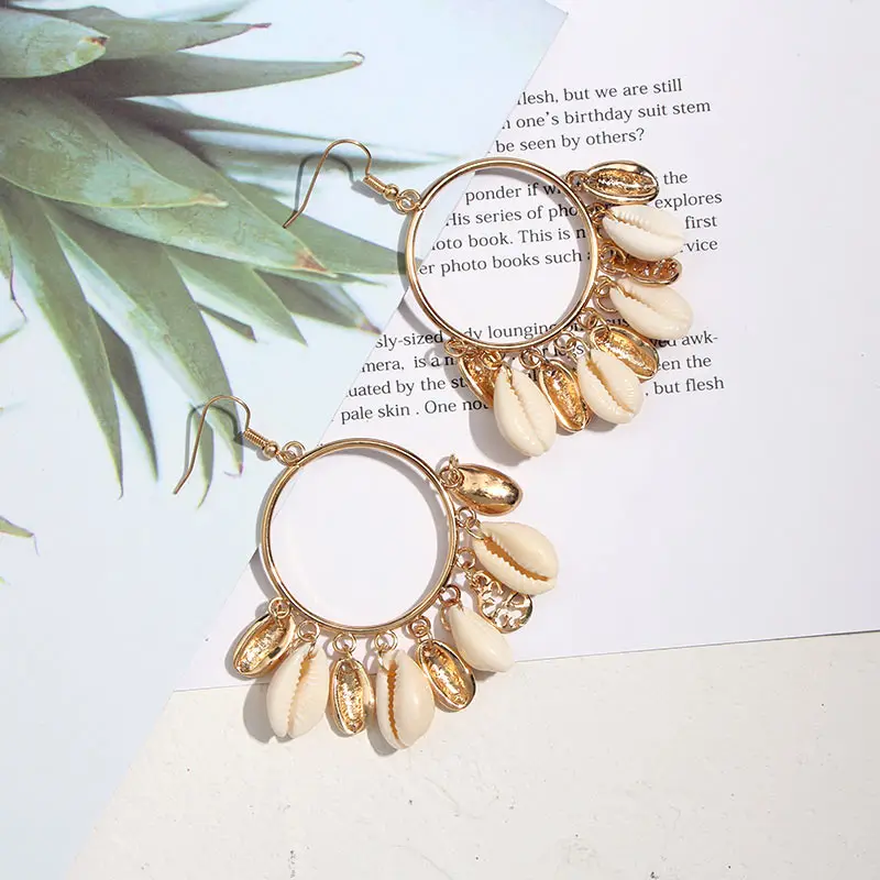 

JUST FEEL New Trendy Shell Drop Dangle Earrings Women Gold Color Big Round Pendant Earrings INS Summer Party Bohemian Jewelry