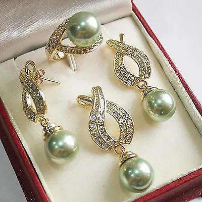 

12mm Green Shell Pearl Pendant Necklace Earrings Ring Sets+ ChainAAA 18K GP Plated gold Bridal wide watch wings queen JEWE