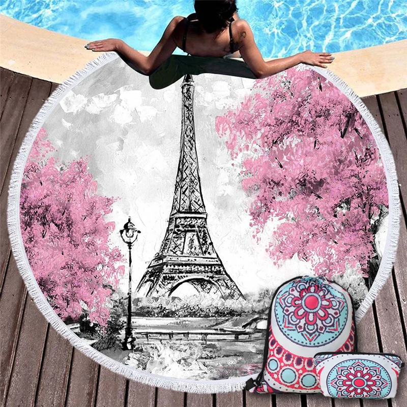 

European Style Paris Tower Beach Towel with Drawstring Backpack Famous Architectural Scenery Soft Beach Towel Yoga Mat for Women