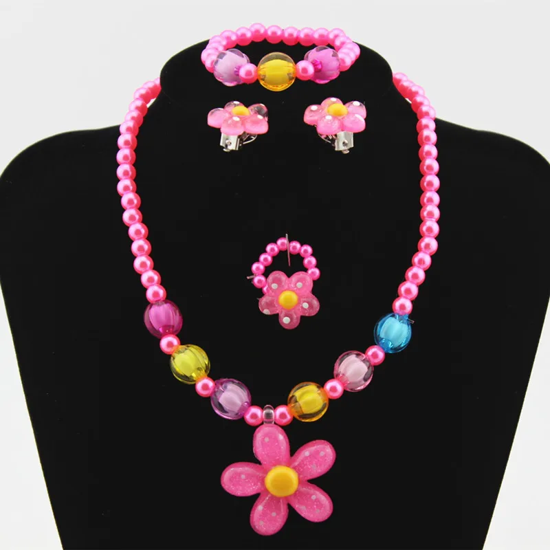 

4pcs Lovely Girl Kids Sun Flower colorful Necklace Bracelet Ring Earclip Imitation Pearls Flower Children Sets For Kids Toy Gift