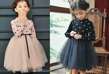 Phelfish 2016 Autumn New Girl Dress Polka Dot Gauze High Collar Puff Long Sleeve Princess Dress Children Clothing 16088