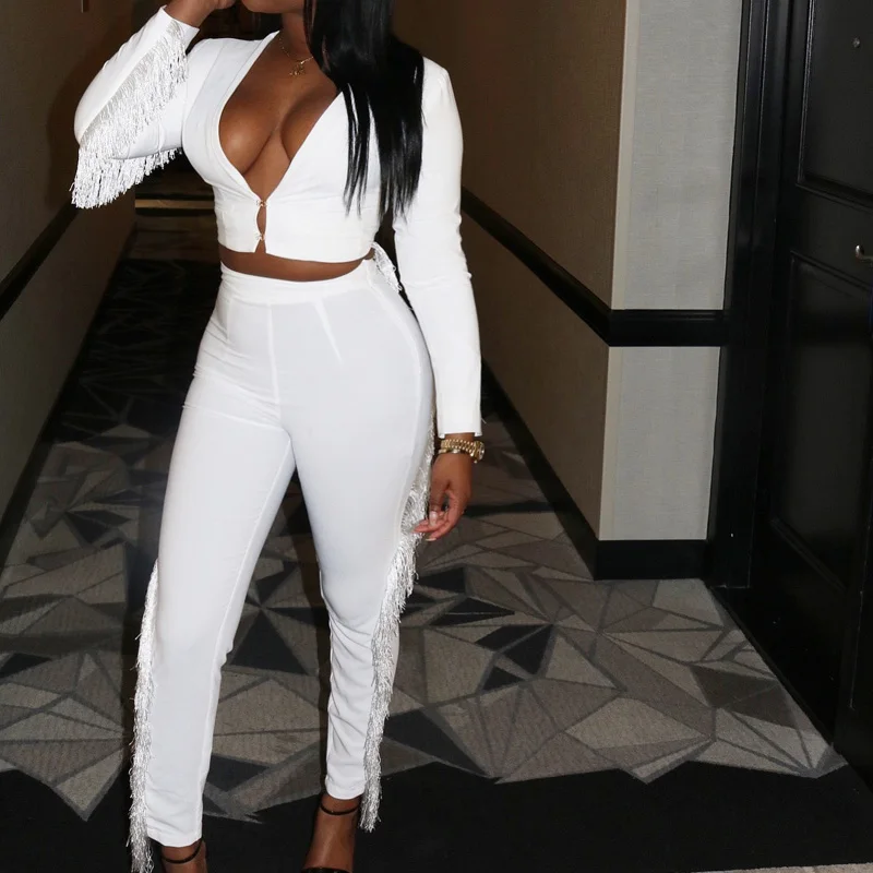 

New White Blazers Pant Suit Solid Two 2 Piece Set Long Office Jacket + Pants Set Slim Sexy 2 Piece Club Tassel Outfit for Women
