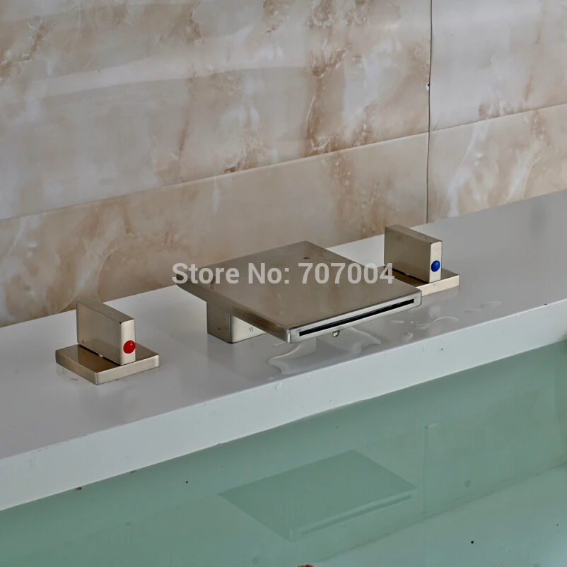 Unique Design Widespread 3 Holes Basin Faucet Deck Mounted Double Handles Waterfall Bathroom Vanity Mixer Tap