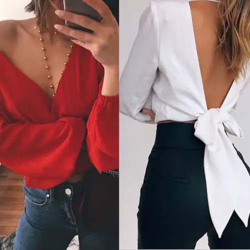 

Summer Women Casual Long Sleeve V-neck Chiffon Top Blouse Casual Backless Crop Top Shirts Blousas Clothes