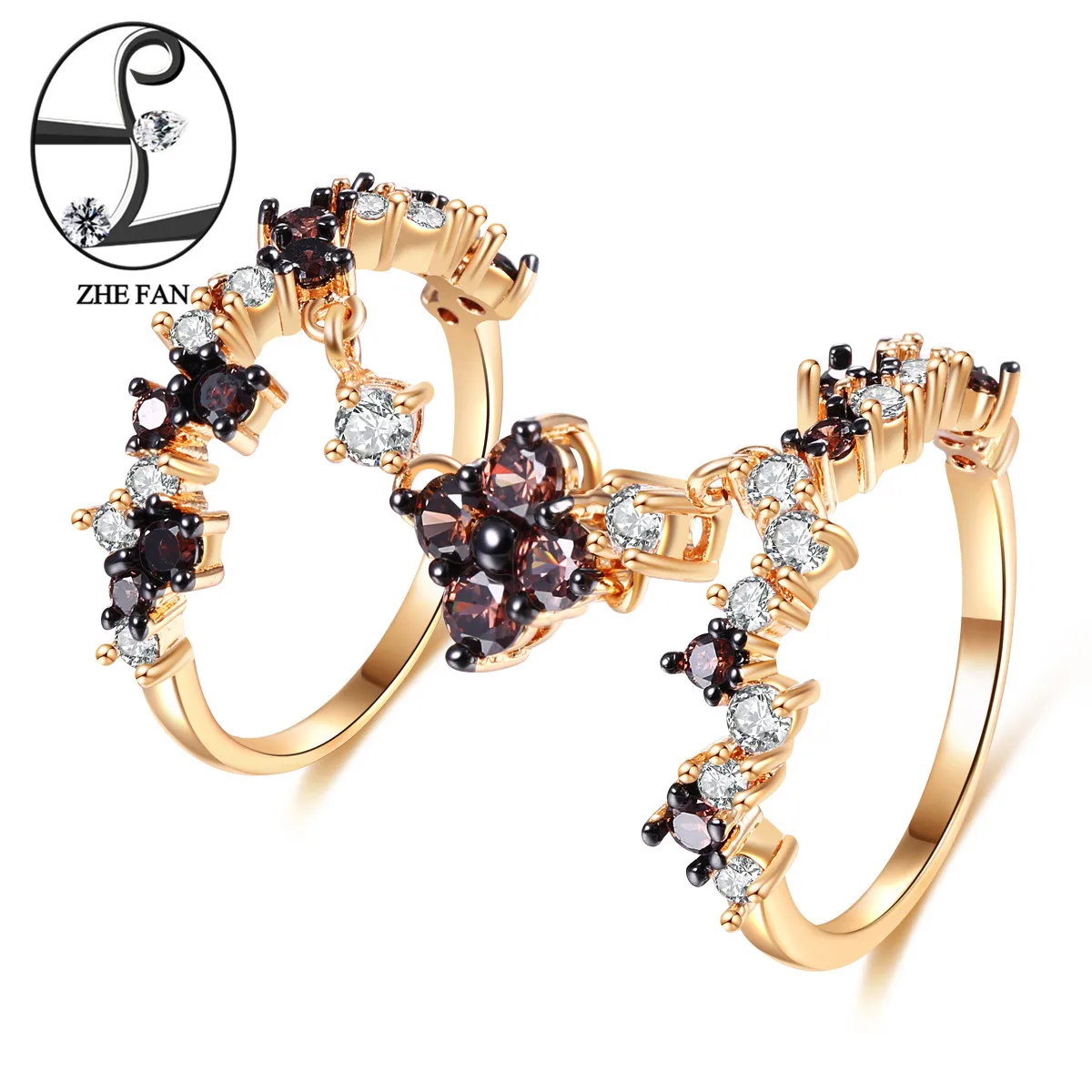 

ZHE FAN Vintage Double Rings Black Champagne Gold Color Plating Christmas Rings For Women Jewelry Size 6 7 8 9 Wholesale