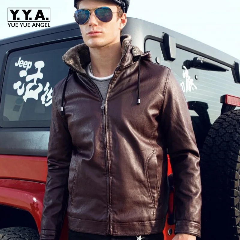 Мужская повседневная куртка из ПУ кожи с капюшоном и меховой подкладкой|brand leather