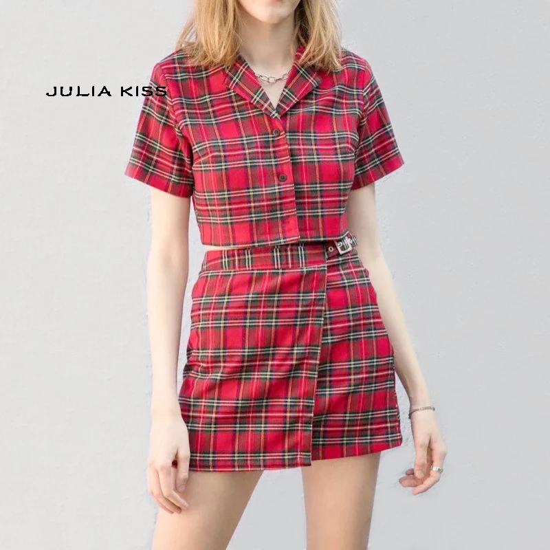 

Women Vintage Inspired Button Front Check Blouse With Mini Check Skirt