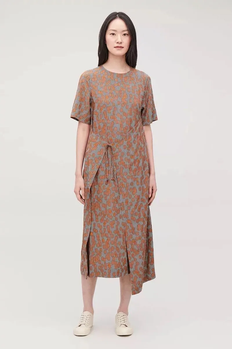 

2019 New Women Asymmetrical Long Dress Short Sleeve Waist Tie Belt Dress