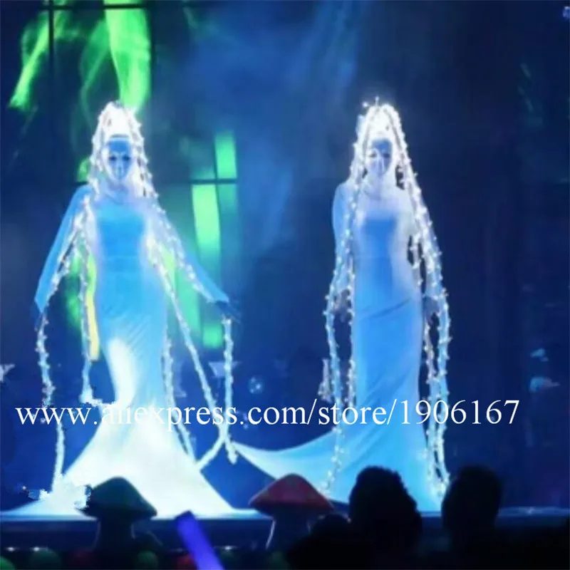 

Ballroom Dance Led Costumes Stage Wears Luminous White Light Long Dresses Singer Grimace Skirt Party Performance Outfit Led Wigs
