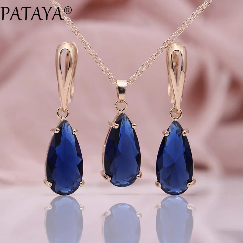 PATAYA New Blue Water Drop Earrings Pendants Necklaces Sets 585 Rose Gold Natural Zircon For Women Fashion Wedding Jewelry Set - Окраска металла: Sapphire