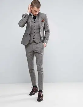 Najtaniej 2017 Najnowsze Wzory Płaszcz Pant Szary Tweed Mężczyźni Garnitur Pana Młodego Kurtka Slim Fit 3 Sztuka Tuxedo Na Zamówienie Garnitur Prom Blazer Terno Masculino D