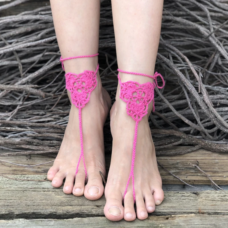 1 Pairs Trendy Handmade Crochet Barefoot Sandals Beach Yoga Anklet Jewelry Geometric Pattern Bridal Wedding Anklet Accessories