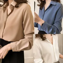 Women Blouse 2019 Women's Wear Simple Lapel Long Sleeve Chiffon Pure Color Shirt