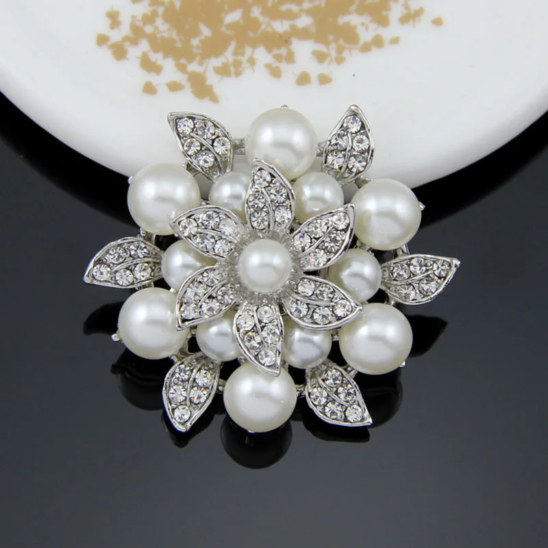 Stereoscopic Pretty Round Big Simulated Pearl Flower Rhinestone Silver