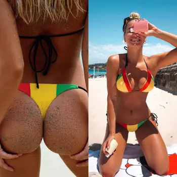 

2Pcs Women Brazilian Bikini Set Rainbow Striped Swimwear Halter Bandage Bathing Suit Push-Up Padded Swimsuit Low Waist Beachwear