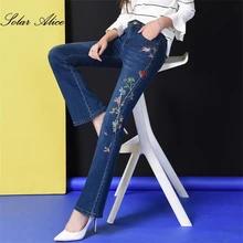 Новинка года плюс Размеры женские ботинки с Джинсы для женщин леди Высокая талия широкие брюки Вышивка Брюки для девочек расклешенные расклешенных Мотобрюки